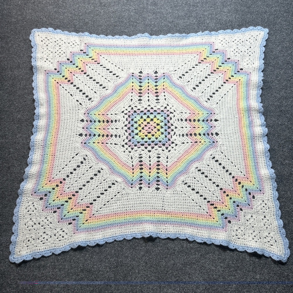 Vtg 80s Pastel Rainbow Crochet Baby Blanket Afghan Geometric Grandmacore 30x30 - Picture 6 of 6
